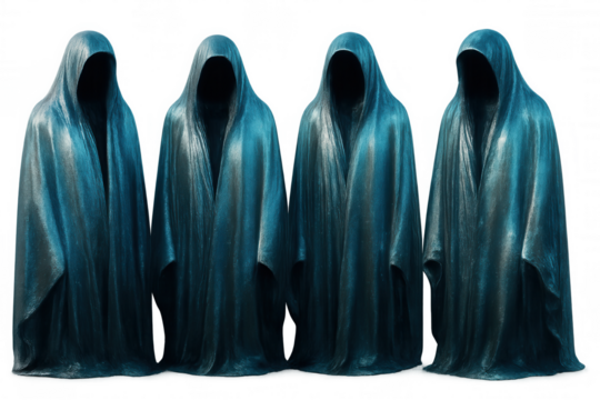 Hooded figures in navy cloaks clustering together, silhouetted mysteriously with shadowy concealed faces suggesting sinister intent