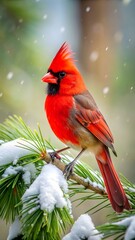 Stunning cardinal perched on snowy pine branch during a gentle winter snowfall brings Christmas cheer and holiday joy