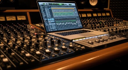 Obraz premium Laptop on professional audio mixing console. Close-up view of knobs, faders, and software