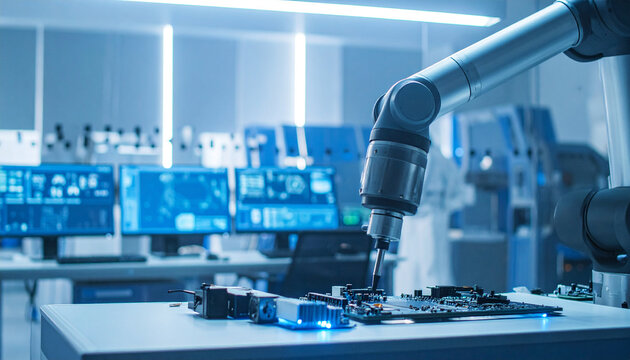 Robotic Precision: A gleaming robotic arm, the epitome of precision and advanced technology, meticulously works on an intricate circuit board.