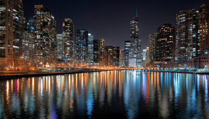 Naklejka premium Nighttime city skyline with glowing windows and streetlights, capturing urban vibrancy.