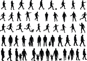 Silhouettes of people walking running playing ball walking dogs family adults children isolated on white background group outdoor activity different poses movement action