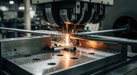 Fototapeta premium Industrial metalworking machine in action. Sparks fly as a metal bar is processed. Precision metal forming machinery