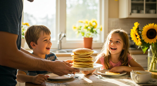 Dad holding a plate of fresh pancakes for his kids at the breakfast table - Powered by Adobe