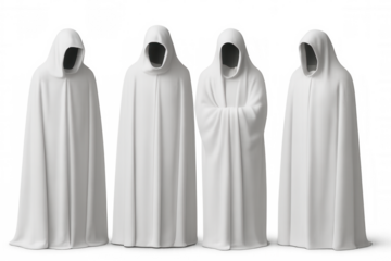 Hooded figures in white robes standing silently, casting enigmatic shadows on transparent surface, creating supernatural atmosphere