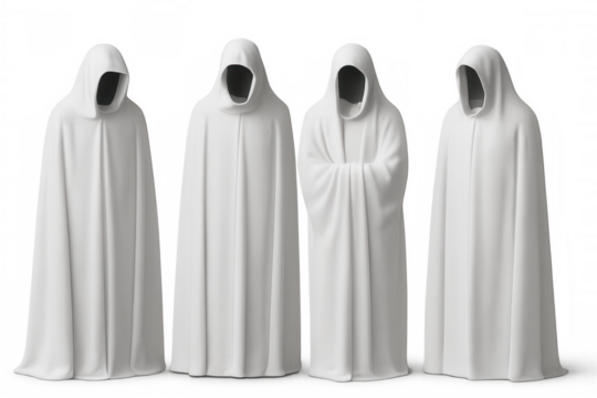 Hooded figures in white robes standing silently, casting enigmatic shadows on transparent surface, creating supernatural atmosphere