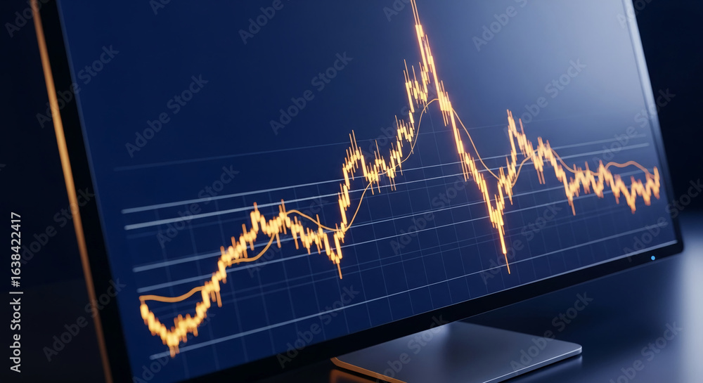 Poster close-up of a computer screen displaying an orange candlestick chart on a dark blue background, show