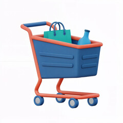 3D Shopping Cart with Bag and Bottle Icon