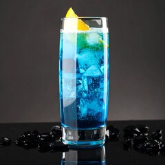 Refreshing blue lagoon cocktail with ice and orange garnish on dark backdrop