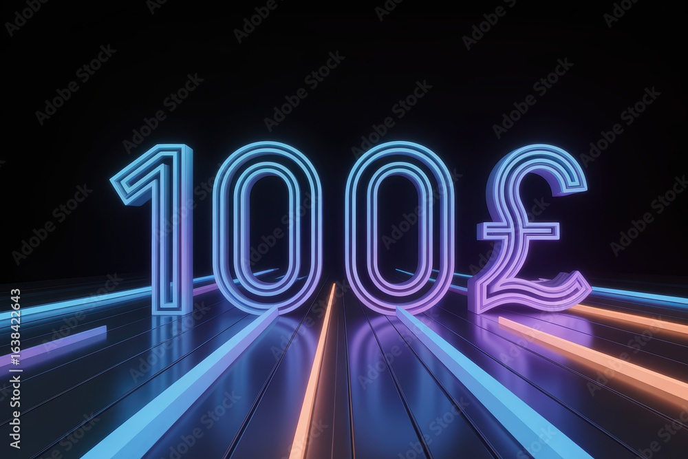 Poster vibrant neon 100£ currency sign with dynamic light trails in a dark setting