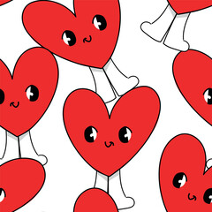 Hand Drawn Seamless pattern of red kawaii hearts with cute legs  Vector