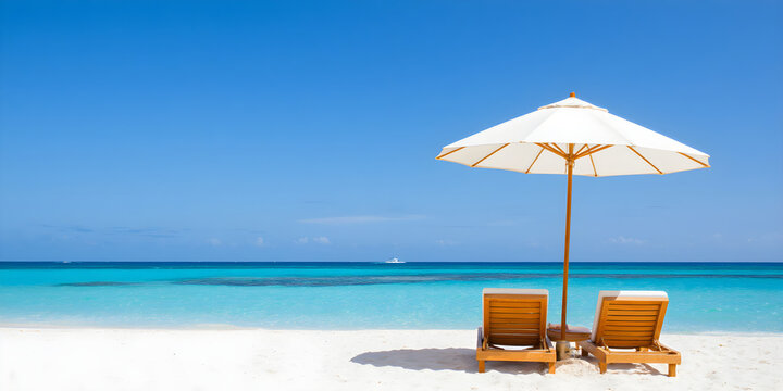 Zwei Sonnenliegen am wei&szlig;en Sandstrand - Sommer Wallpaper - Hintergrundbild
