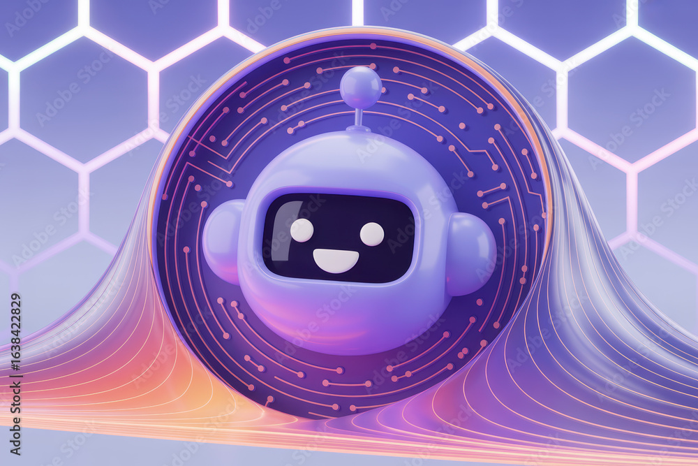 Aufkleber playful ai robot character surrounded by futuristic neon circuit patterns and wavey lines in pastel 