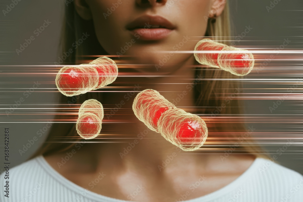 Poster dynamic concept of human cell interaction with vibrant red cytokines in motion against a soft backgr