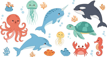 Cartoon sea creatures, cute ocean animals, underwater illustration set, marine life clipart, coral reef graphics, kids ocean theme, aquatic character bundle © Creative Mind