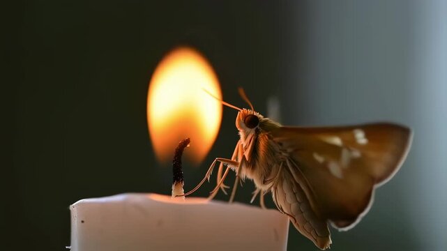 Close-up of a delicate moth approaching a flickering candle flame, showcasing intricate wing patterns and warm light, creating a serene atmosphere of nature's beauty and fragility