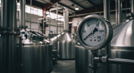 Industrial brewing facility with pressure gauge. Stainless steel tanks and pipes are central in a modern brewery