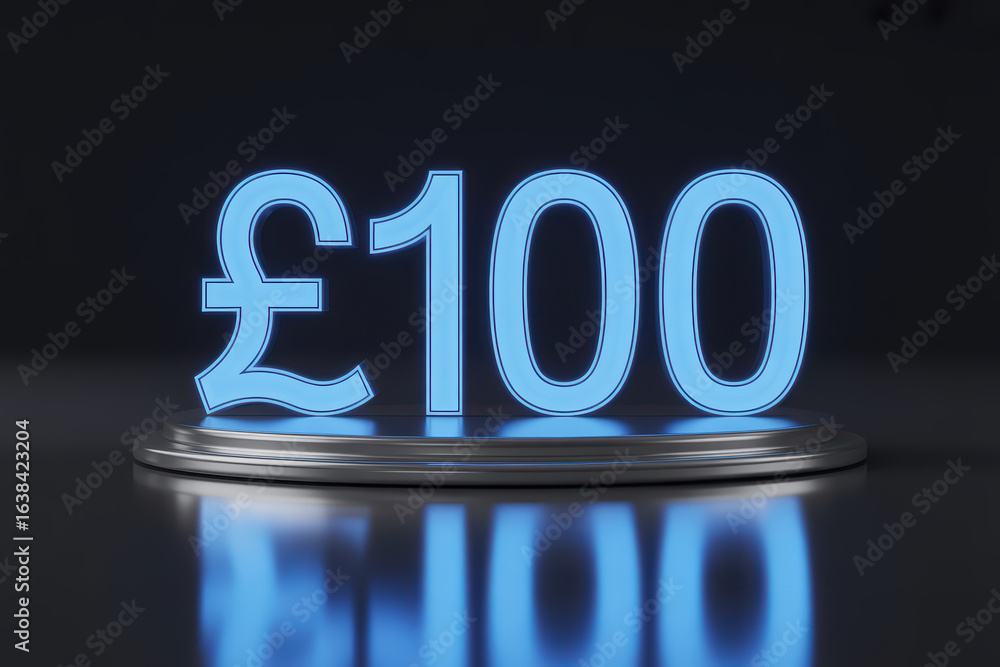 Poster stylish display of £100 glossy currency symbol in illuminated blue with reflections on metallic base