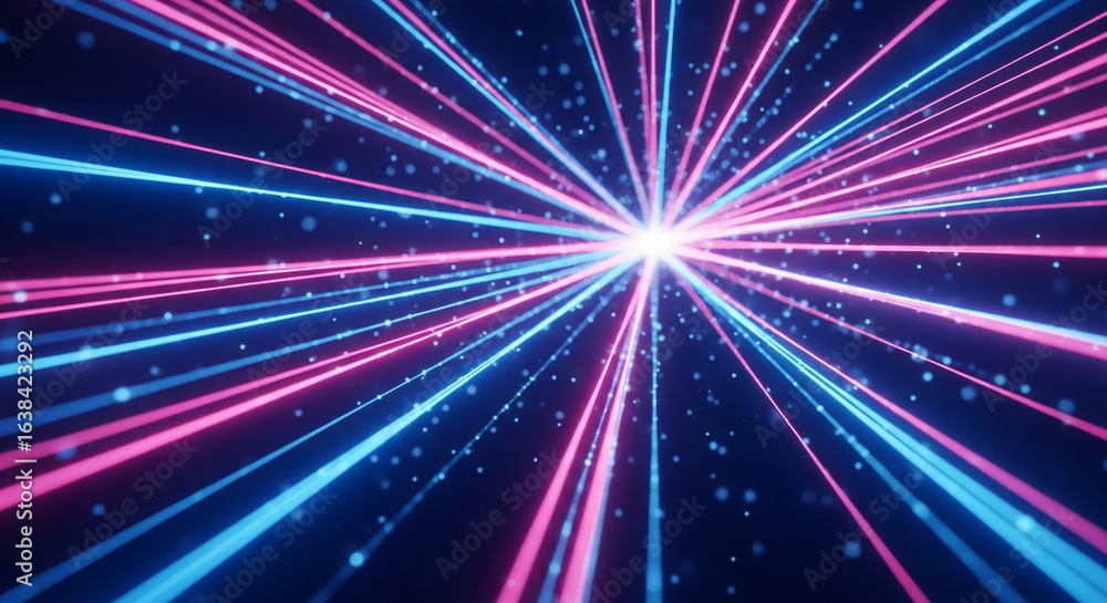 Poster abstract image of pink and blue neon lines converging at a central point, creating a dynamic and ene