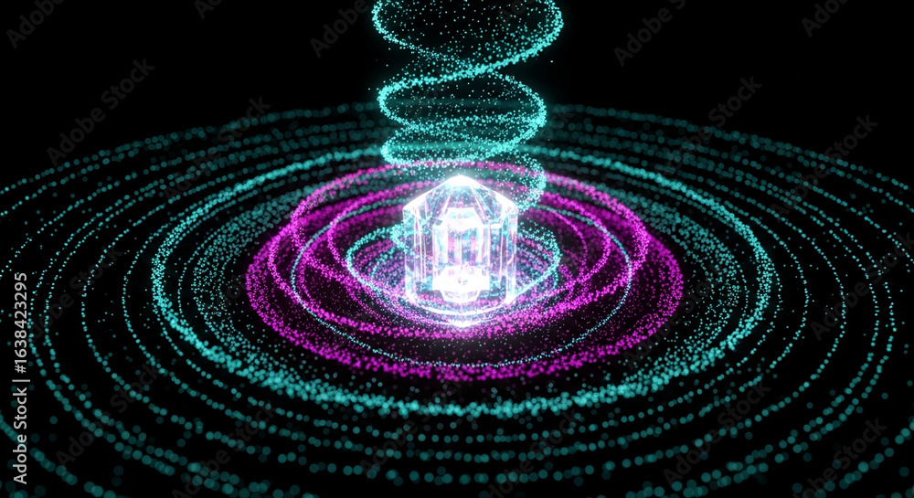 Poster glowing crystal cube surrounded by swirling teal and magenta particles, creating a dynamic, futurist
