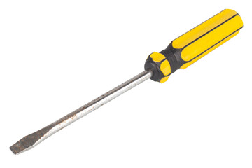 Yellow and Black Flathead Screwdriver on White Background