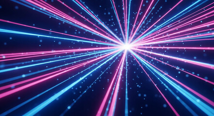 Abstract image of pink and blue neon lines converging at a central point, creating a dynamic and energetic visual effect, suitable for technology or futuristic concepts