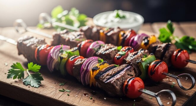 Grilled skewers with beef and colorful vegetables.  Appetizing skewers of grilled beef, bell peppers, onions, and cherry tomatoes are arranged on a wooden cutting board