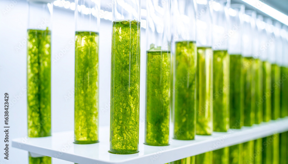 Poster algae sample in science lab: array of glass tubes filled with vibrant green algae, demonstrating sci
