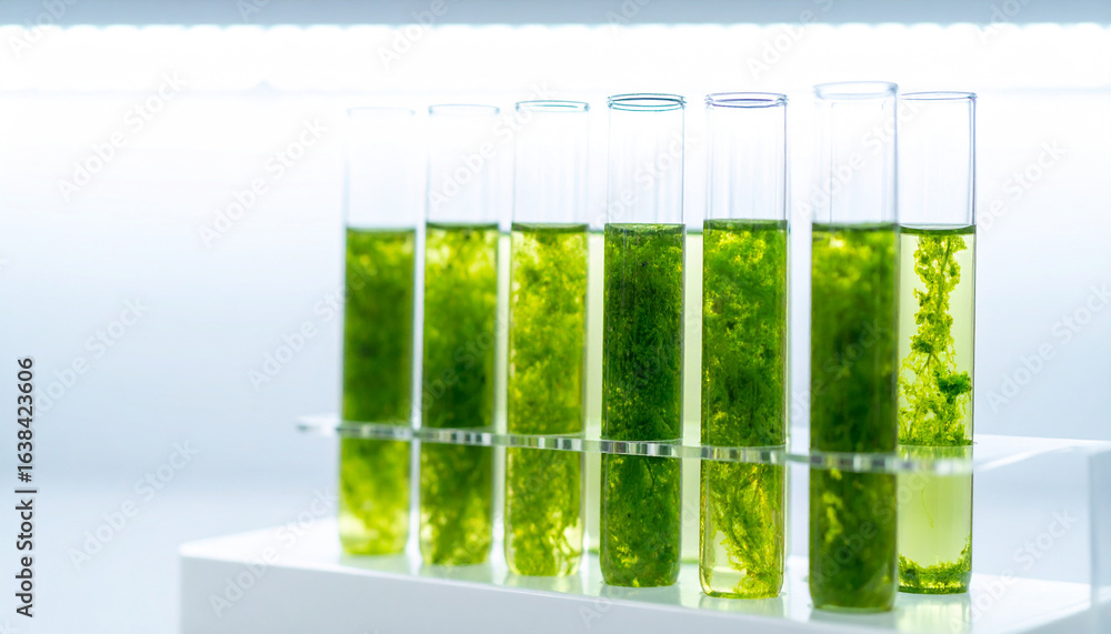 Poster algae samples in test tubes: a row of clear test tubes containing vibrant green algae samples is dis