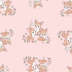 Hand drawn seamless pattern with baby deer and flowers vector, cute woodland animals