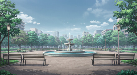 Obraz premium A serene park scene with a central fountain surrounded by benches and lush green trees under a blue sky