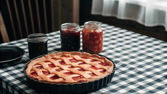 Strawberry pie and assorted jams on checkered cloth