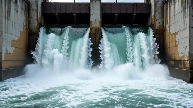 Powerful water release from hydroelectric dam gates creates dramatic splashes and turbulent flow.