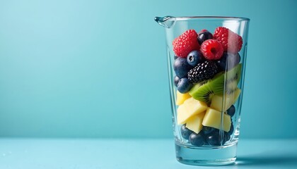 Glass blender jug filled with vibrant mixed berries like blueberries raspberries blackberries kiwi pineapple chunks. Ready for blending healthy nutritious fruit smoothie. Perfect for summer drinks,