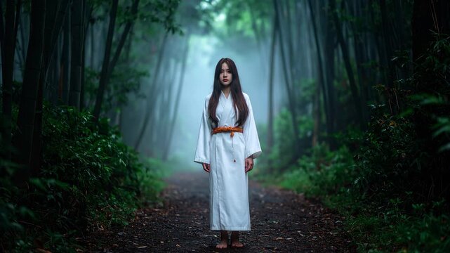 薄暗い樹海に立つ女性の幽霊