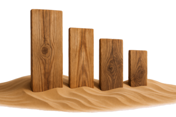 Four Wooden Posts Arranged in Decreasing Height on Rippled Sand, Symbolizing Decline or Progress