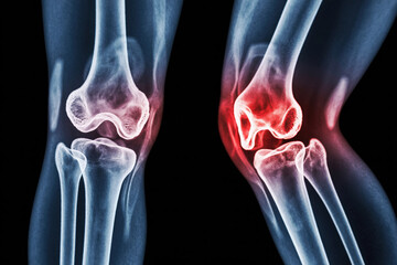 X-Ray Image of Knees with Red Highlighted Area Indicating Pain, Inflammation, or Injury in Joint