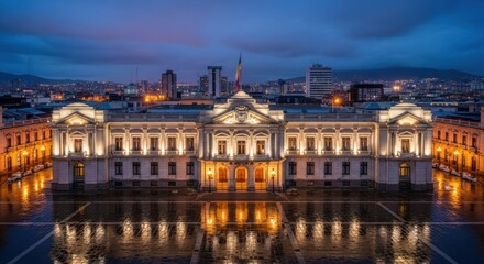 Fototapeta premium Grand government building at twilight, illuminated facade, reflected on wet plaza