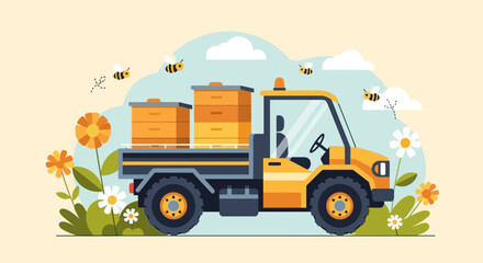 Fototapeta premium Illustrative depiction of a beekeeping truck transporting bee colonies in spring