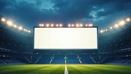 Massive empty stadium billboard under bright evening spotlight illumination. Large digital screen ideal for advertisement, mockup designs. Modern sports arena presentation with blank space for