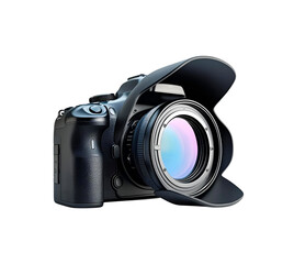 Dark Camera on PNG is a digital 3D render. The glossy black texture and blue/pink lens reflection are ideal for product staging, branding mockups, website headers, and UI design.