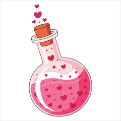 Valentine themed chemistry flask with hearts and pink love potion. Boiling pink coctail in beaker, flat cartoon design isolated on white for romantic designs