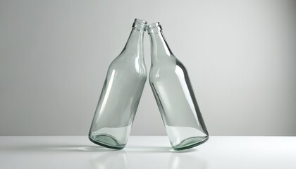 Two clear empty glass bottles lean together on clean white surface against soft grey background. Minimalist studio shot focuses on smooth shape, clean design of transparent objects, light, shadow