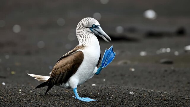 Blue footed booby bird standing on black volcanic beach. Tropical seabird with distinctive bright blue feet walking near ocean waves. Wildlife nature concept for eco tourism, marine conservation