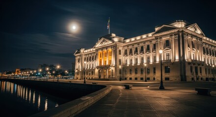 Fototapeta premium Grand government building at night, illuminated by moonlight and city lights