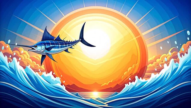 Blue Marlin Leaping Over Ocean Waves at Sunset in Pixel Art Style