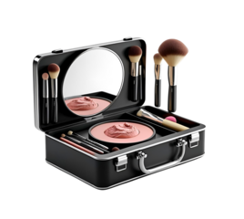 Black makeup kit has brushes & mirror. Product staging for beauty vlog, cosmetic branding, social media ads. On PNG transparent cutout background.