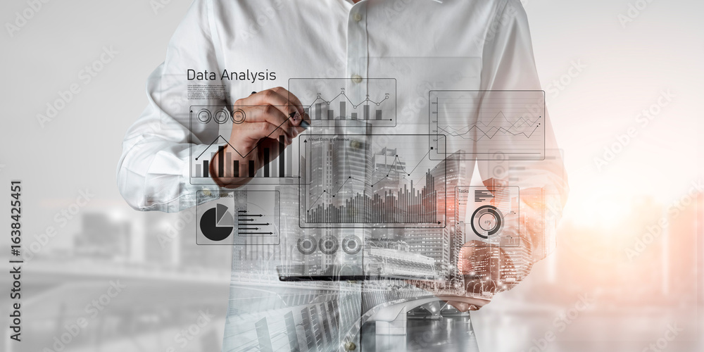 Poster business data analysis dashboard showing charts, statistics, and performance metrics for decision-ma