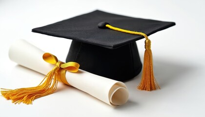 Black graduation cap with yellow tassel rests beside rolled diploma tied with yellow ribbon. Academic achievement, higher education, successful completion of studies. Clean white background isolates