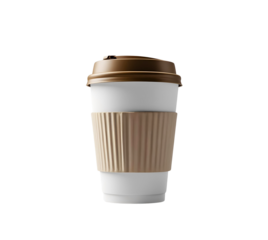 White drink cup has brown lid, holder. Clipping path. Works for product staging, print projects, social media.